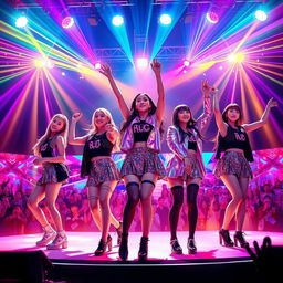 A stunning artwork of the members of Blackpink performing live on a vibrant stage