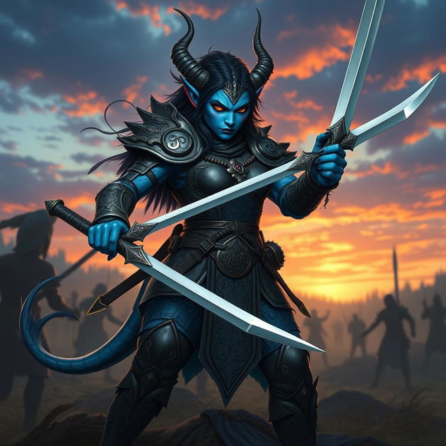 A fierce and determined blue Tiefling fighter, clad in intricately designed armor that reflects both functionality and elegance