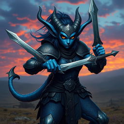 A fierce and determined blue Tiefling fighter, clad in intricately designed armor that reflects both functionality and elegance