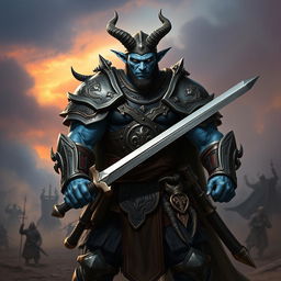 A strong and imposing male blue Tiefling fighter, wearing detailed and robust armor that showcases both protection and craftsmanship