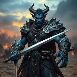 A strong and imposing male blue Tiefling fighter, wearing detailed and robust armor that showcases both protection and craftsmanship