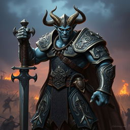 A strong and imposing male blue Tiefling fighter, wearing detailed and robust armor that showcases both protection and craftsmanship