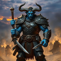 A strong and imposing male blue Tiefling fighter, wearing detailed and robust armor that showcases both protection and craftsmanship