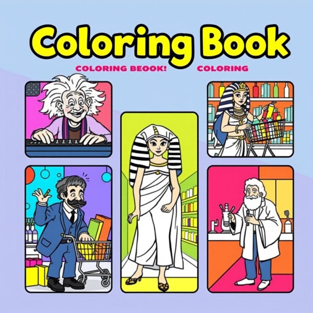 A vibrant and fun book cover for a coloring book, featuring well-known historical figures each in their own whimsical and amusing scenario, presented in separate distinct boxes