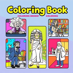 A vibrant and fun book cover for a coloring book, featuring well-known historical figures each in their own whimsical and amusing scenario, presented in separate distinct boxes