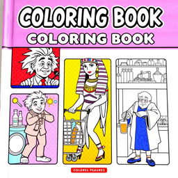 A vibrant and fun book cover for a coloring book, featuring well-known historical figures each in their own whimsical and amusing scenario, presented in separate distinct boxes