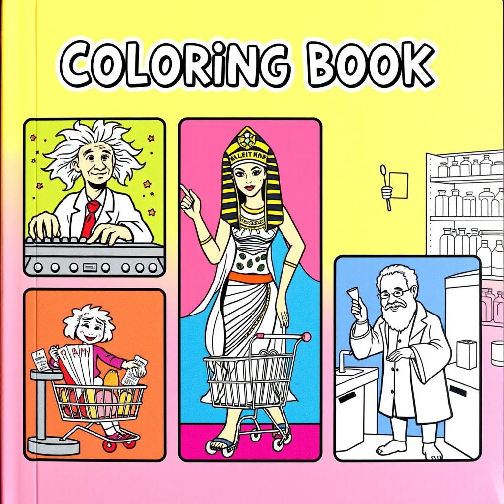 A vibrant and fun book cover for a coloring book, featuring well-known historical figures each in their own whimsical and amusing scenario, presented in separate distinct boxes