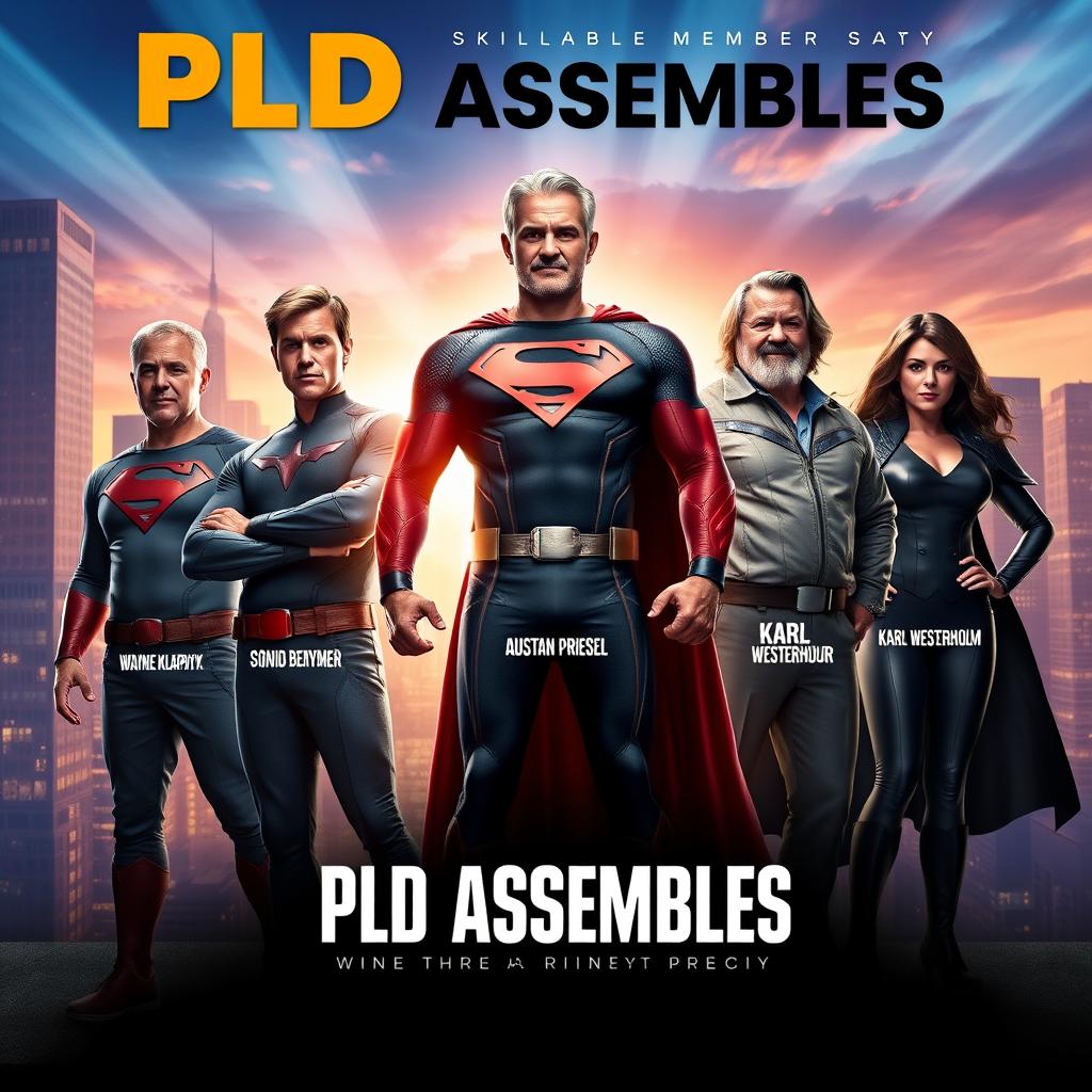 A stunning, high-quality superhero movie poster titled "PLD Assembles" featuring the Skillable "Programs Lab Development" team's five founding members, each with their names prominently displayed