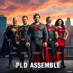 A stunning, high-quality superhero movie poster titled "PLD Assembles" featuring the Skillable "Programs Lab Development" team's five founding members, each with their names prominently displayed