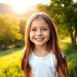 A picturesque scene of a young girl with long brown hair smiling joyfully, surrounded by the tranquil and lush scenery of a countryside