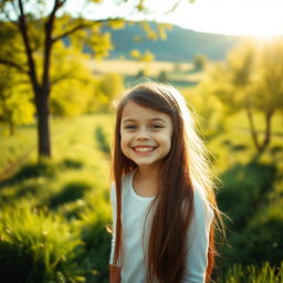 A picturesque scene of a young girl with long brown hair smiling joyfully, surrounded by the tranquil and lush scenery of a countryside