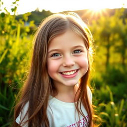 A picturesque scene of a young girl with long brown hair smiling joyfully, surrounded by the tranquil and lush scenery of a countryside