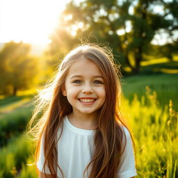 A picturesque scene of a young girl with long brown hair smiling joyfully, surrounded by the tranquil and lush scenery of a countryside