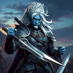 A powerful male blue Tiefling fighter with striking white hair, clad in intricate and robust armor that combines elegance with practicality