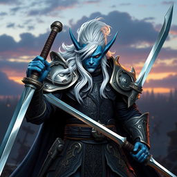 A powerful male blue Tiefling fighter with striking white hair, clad in intricate and robust armor that combines elegance with practicality