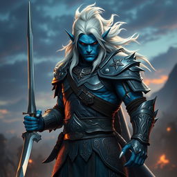 A powerful male blue Tiefling fighter with striking white hair, clad in intricate and robust armor that combines elegance with practicality