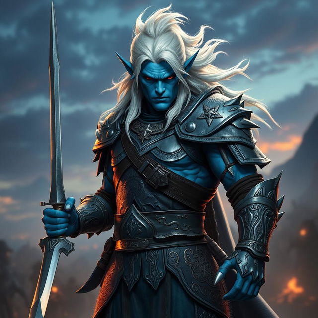 A powerful male blue Tiefling fighter with striking white hair, clad in intricate and robust armor that combines elegance with practicality