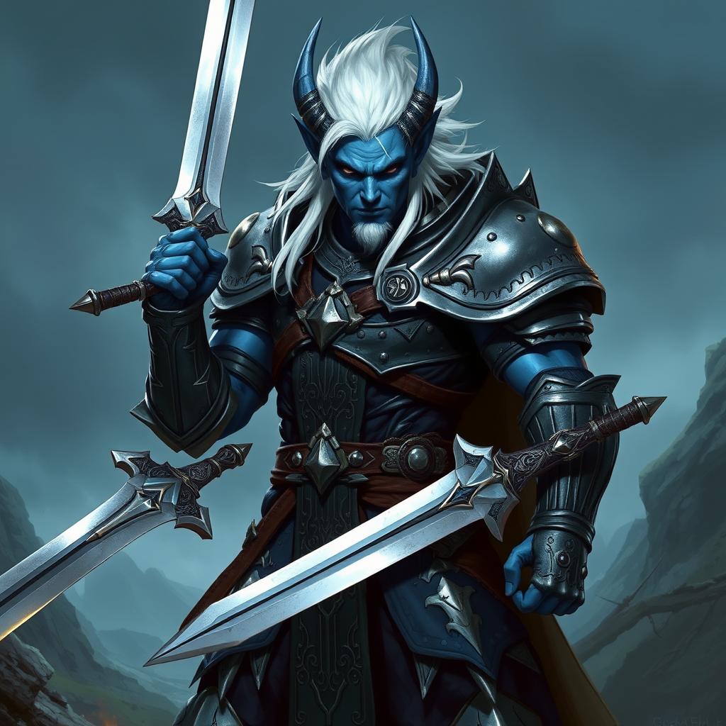 A male blue tiefling fighter with striking white hair, clad in intricate armor, stands confidently brandishing two swords