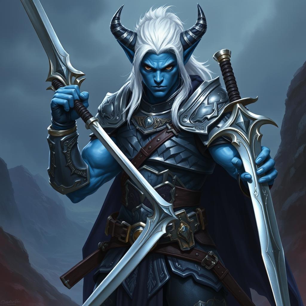 A male blue tiefling fighter with striking white hair, clad in intricate armor, stands confidently brandishing two swords