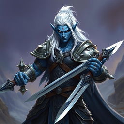 A male blue tiefling fighter with striking white hair, clad in intricate armor, stands confidently brandishing two swords