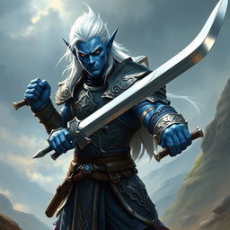 A male blue tiefling fighter with striking white hair, clad in intricate armor, stands confidently brandishing two swords