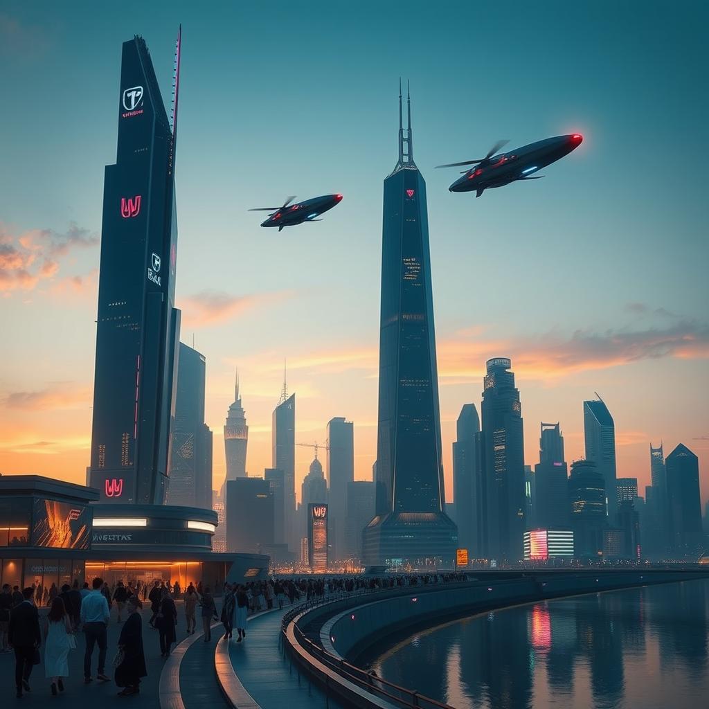 A futuristic cityscape at sunset, with towering skyscrapers featuring neon lights and sleek, modern architecture