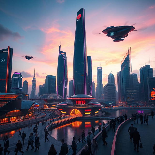 A futuristic cityscape at sunset, with towering skyscrapers featuring neon lights and sleek, modern architecture