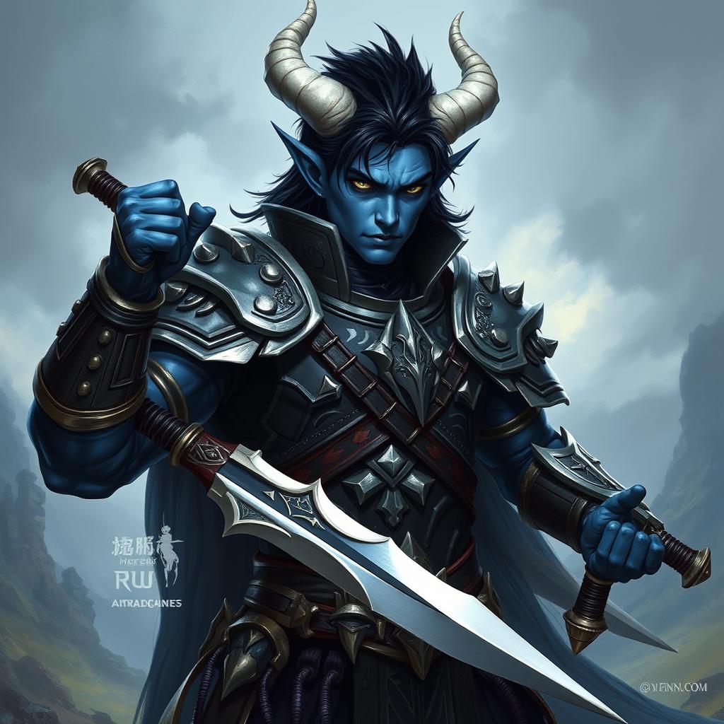 A male blue tiefling fighter with sharp black hair and distinctive white horns, clad in intricate armor, stands confidently brandishing two swords