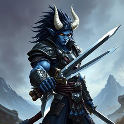 A male blue tiefling fighter with sharp black hair and distinctive white horns, clad in intricate armor, stands confidently brandishing two swords