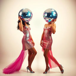 A full body view of two stunning women with disco ball lamps for heads, dressed in glamorous party dresses that shimmer and catch the light