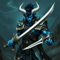 A male blue tiefling fighter with sharp black hair and distinctive white horns, clad in intricate armor, stands confidently brandishing two swords