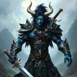 A male blue tiefling fighter with sharp black hair and distinctive white horns, clad in intricate armor, stands confidently brandishing two swords