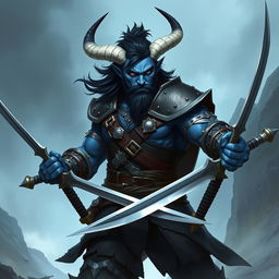 A male blue tiefling fighter with sharp black hair, a neatly trimmed beard, and distinctive white horns