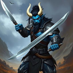 A male blue tiefling fighter with sharp black hair, a neatly trimmed beard, and distinctive white horns