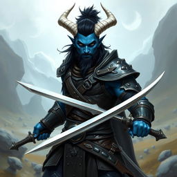 A male blue tiefling fighter with sharp black hair, a neatly trimmed beard, and distinctive white horns