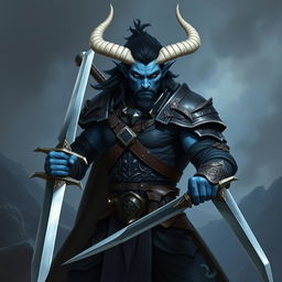 A male blue tiefling fighter with sharp black hair, a neatly trimmed beard, and distinctive white horns