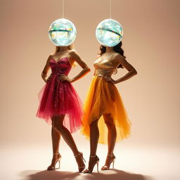 A full body view of two dazzling women with disco ball lamps for heads, wearing glamorous party dresses that shimmer under the lights