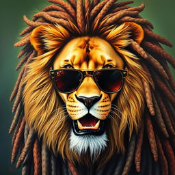 A striking and hyper-realistic painting of a lion with a majestic mane styled like Bob Marley's iconic dreadlocks, exuding a sense of coolness and regality