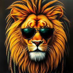 A striking and hyper-realistic painting of a lion with a majestic mane styled like Bob Marley's iconic dreadlocks, exuding a sense of coolness and regality