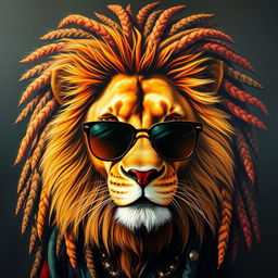 A striking and hyper-realistic painting of a lion with a majestic mane styled like Bob Marley's iconic dreadlocks, exuding a sense of coolness and regality