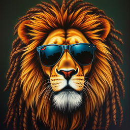 A striking and hyper-realistic painting of a lion with a majestic mane styled like Bob Marley's iconic dreadlocks, exuding a sense of coolness and regality