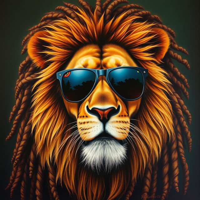 A striking and hyper-realistic painting of a lion with a majestic mane styled like Bob Marley's iconic dreadlocks, exuding a sense of coolness and regality