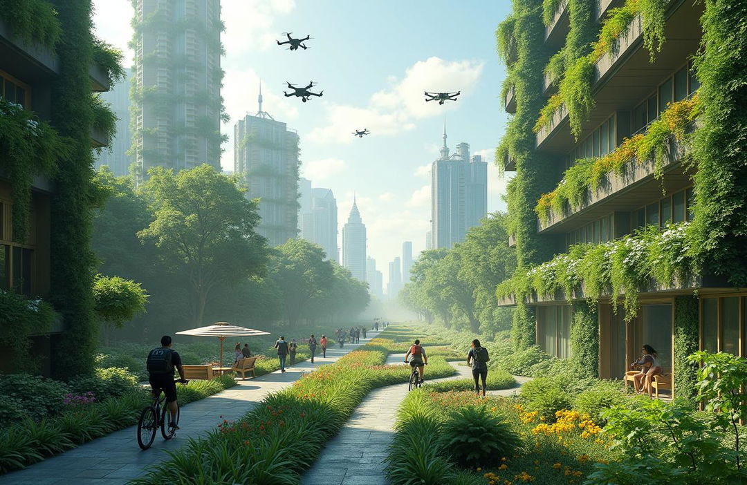 A futuristic urban landscape transformed by nature, where lush greenery overcomes skyscrapers and public spaces are filled with vibrant plant life, a harmonious blend of technology and environment