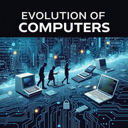 A captivating ebook cover illustrating the evolution of computers, featuring a timeline of iconic devices, starting with early mechanical calculators progressing to the first personal computers and leading up to modern laptops and smartphones