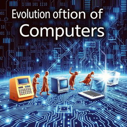 A captivating ebook cover illustrating the evolution of computers, featuring a timeline of iconic devices, starting with early mechanical calculators progressing to the first personal computers and leading up to modern laptops and smartphones