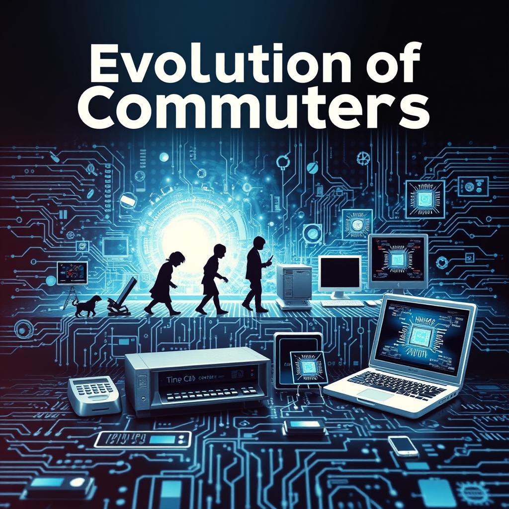 A captivating ebook cover illustrating the evolution of computers, featuring a timeline of iconic devices, starting with early mechanical calculators progressing to the first personal computers and leading up to modern laptops and smartphones