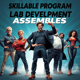 A dynamic superhero movie poster for "Skillable Program Lab Development Assembles" featuring the five founding members positioned heroically