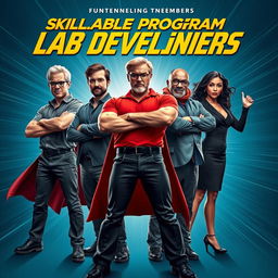 A dynamic superhero movie poster for "Skillable Program Lab Development Assembles" featuring the five founding members positioned heroically