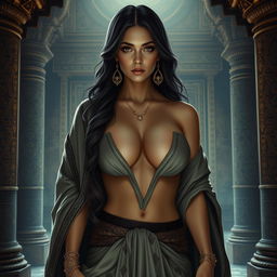 A seductive female priestess with large breasts, revealing cleavage through her elegantly designed robes