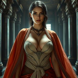 A seductive female priestess with large breasts, revealing cleavage through her elegantly designed robes